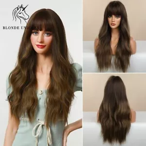 Long Wavy Highlight Ombre Brown Wigs with Bangs Hair for Women Natural Wigs US - Picture 1 of 6