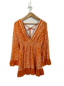 River Island Dress Small Orange Floral Tie Back Ruffle Hem Festival Holiday Boho - Picture 1 of 12