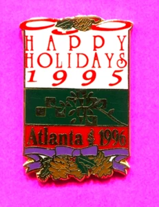 1996 OLYMPIC PIN HAPPY HOLIDAYS PIN 1995 CHRISTMAS PIN HOLLY & PURPLE RIBBON PIN - Picture 1 of 1