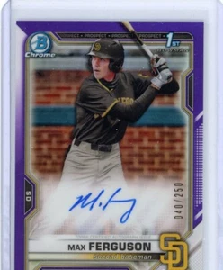 2021 BOWMAN CHROME DRAFT MAX FERGUSON #040/250 PURPLE REFRACTOR AUTO 1ST PADRES - Picture 1 of 2