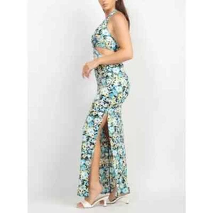 NWT Cutout O-Ring Side Slit Halter Sleeveless Blue Multi-Floral Maxi Dress - Picture 1 of 7