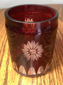 (1) Cranberry Ruby Red Cut to Clear Bohemian Czech Art Glass Tumbler Flower Etch - Picture 1 of 8