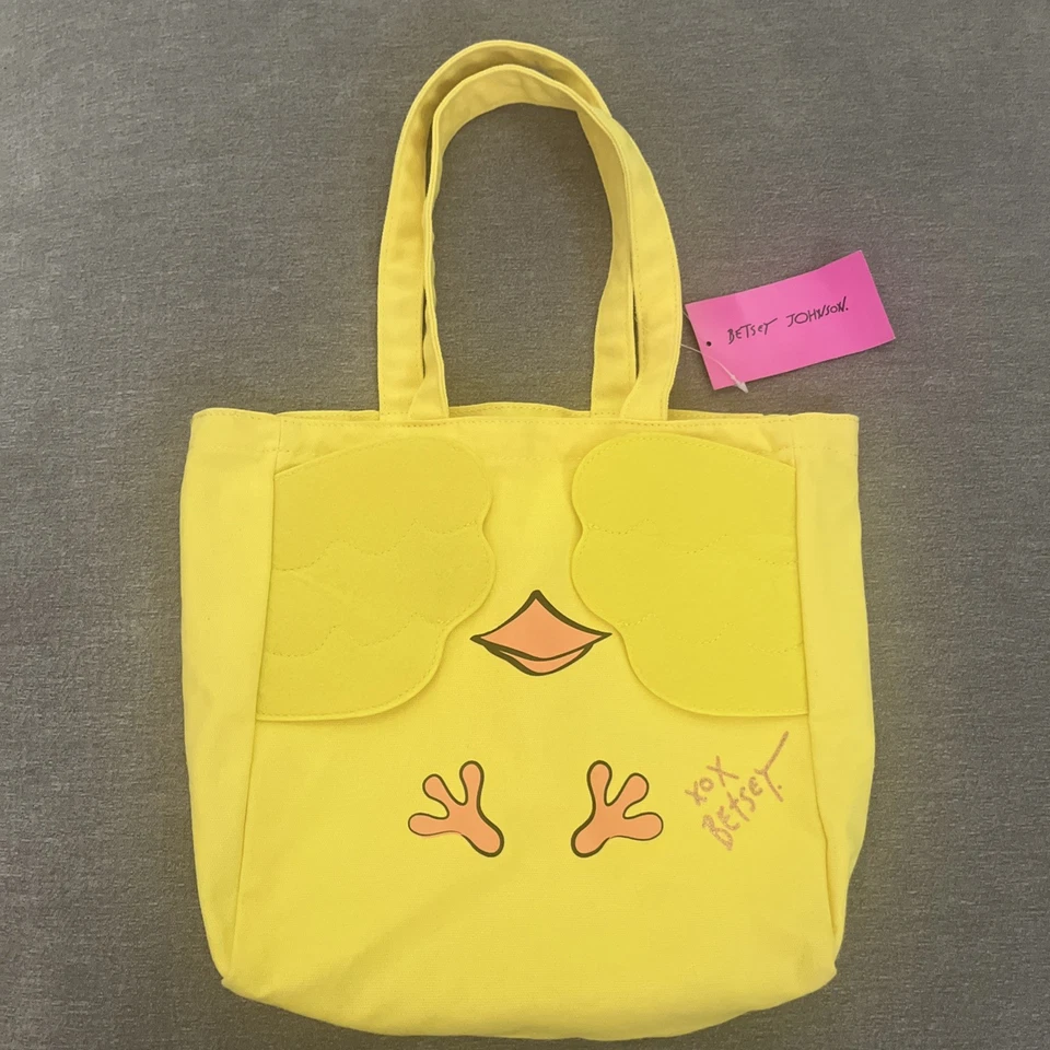 Betsey Johnson 100 Cotton Yellow Sitting Chick Double Strap Tote