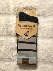 Bearpaw Performance Wool Blend Crew Socks Stay Put Sz 9-11 Grey Aqua Stripe Warm - Picture 1 of 8