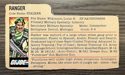 1982 G.I. Joe STALKER Ranger v1 生物文件卡仅背面桃子复古原装 — 第 1/2 张图片