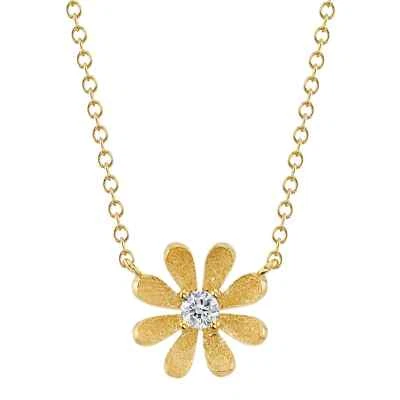 14K Yellow Gold Diamond Flower Daisy Pendant Necklace Brushed 0.08 CT Round Cut - Image 1 of 2