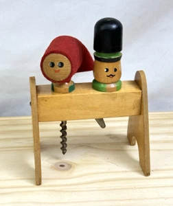 Vintage Carved Wood Japan Figurine Bench Tool Set Corkscrew & Opener RARE - Picture 1 of 10