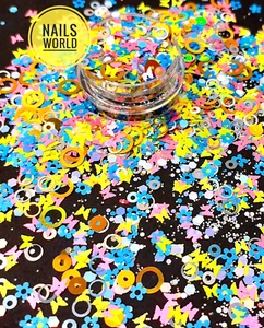 M12. Nail Art Glitter Mix Flower Butterfly Circle Hexagon Holographic - Picture 1 of 4