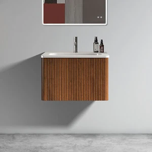 24" Floating Wall Mounted Bathroom Vanity W/Ceramic Sink Basin Striped Walnut - Picture 1 of 8