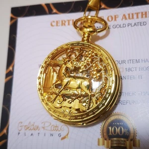 24k Gold Plated Pacifistor Deer Mechanical Pocket Watch Full Hunter Gift 24ct - Picture 1 of 4