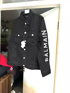 Chaqueta de motociclista Balmain para hombre negra con logotipo de mezclilla en brazo y parte trasera de cuero con estampado de logotipo £800 - Imagen 1 de 9