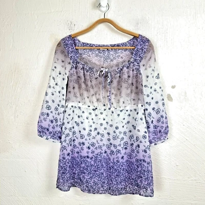 ESPRIT Womens Top Size 12 Purple/Blue/White Floral 3/4 Sleeve Scoop Neck - Image 1 of 4