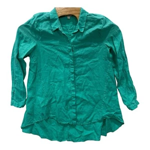 Camicia lunga tunica EILEEN FISHER lino irlandese biologico M verde acqua oversize con bottoni - Foto 1 di 6