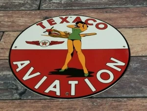 VINTAGE TEXACO GASOLINE PORCELAIN MILITARY SERVICE P51 WW2 AIRPLANE GAS OIL SIGN - Picture 1 of 12