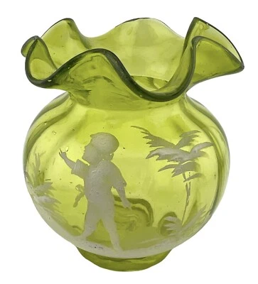 Antique Ruffle Edge Vase Green Handblown Glass Enameled MARY GREGORY Boy & Trees - Image 1 of 4