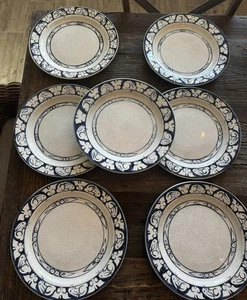 7er Set Vintage 11" Dedham Keramik Speiseteller USA Crackle Bunny Kaninchen blau - Bild 1 von 7