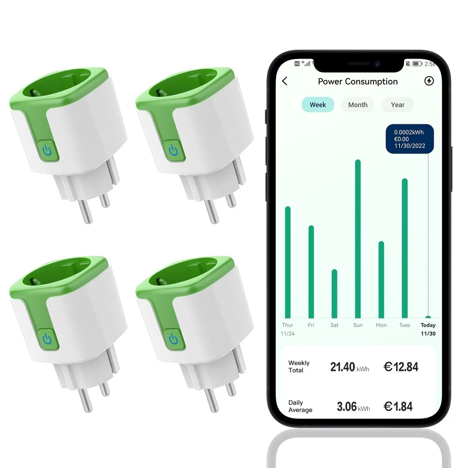 GREENSUN 4 Stk. Wlan Smart Steckdose Strommessung Stromzähler Einspeisezähler