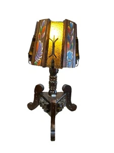 Vintage Arts & Crafts Gothic Spanish Revival Carved Wood Metal Glass Table Lamp - Picture 1 of 24