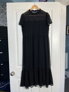 ZARA Black DOBBY Flocked SPOTTY Polka Dot MIDI DRESS Size Medium UK 10-12 - Picture 1 of 5