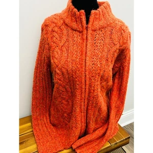 Orange Cable Knit Sweater Chunky Zip Up Sweater Jacket Women's Size L - Picture 1 of 7