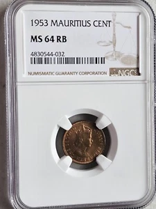 Mauritius 1 Cent 1953 NGC MS 64 RB - Picture 1 of 2