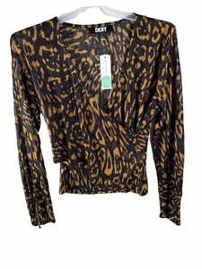 dkny women's Lg Animal Wrap Black Sheer Knit Zip Lower Sleeve Top Blouse1929 - Picture 1 of 16