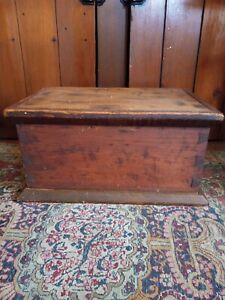 Best Antique Early Handmade Wood Mini Blanket Storage Chest Orig Red Paint 17.5"