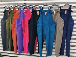 Italian Ladies Largenlook 2 Pockets Front Tie Spandex Corduroy Dungarees - Picture 1 of 1