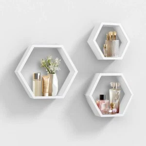 Wall Mounted Hexagon Floating Shelves Wooden Wall Organizer Hanging Shelf for... - Picture 1 of 7