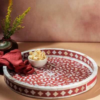 Round Breakfast tray Handmade Bone Inlay Decorative tray Tea tray, Cocktail tray - Image 1 of 4