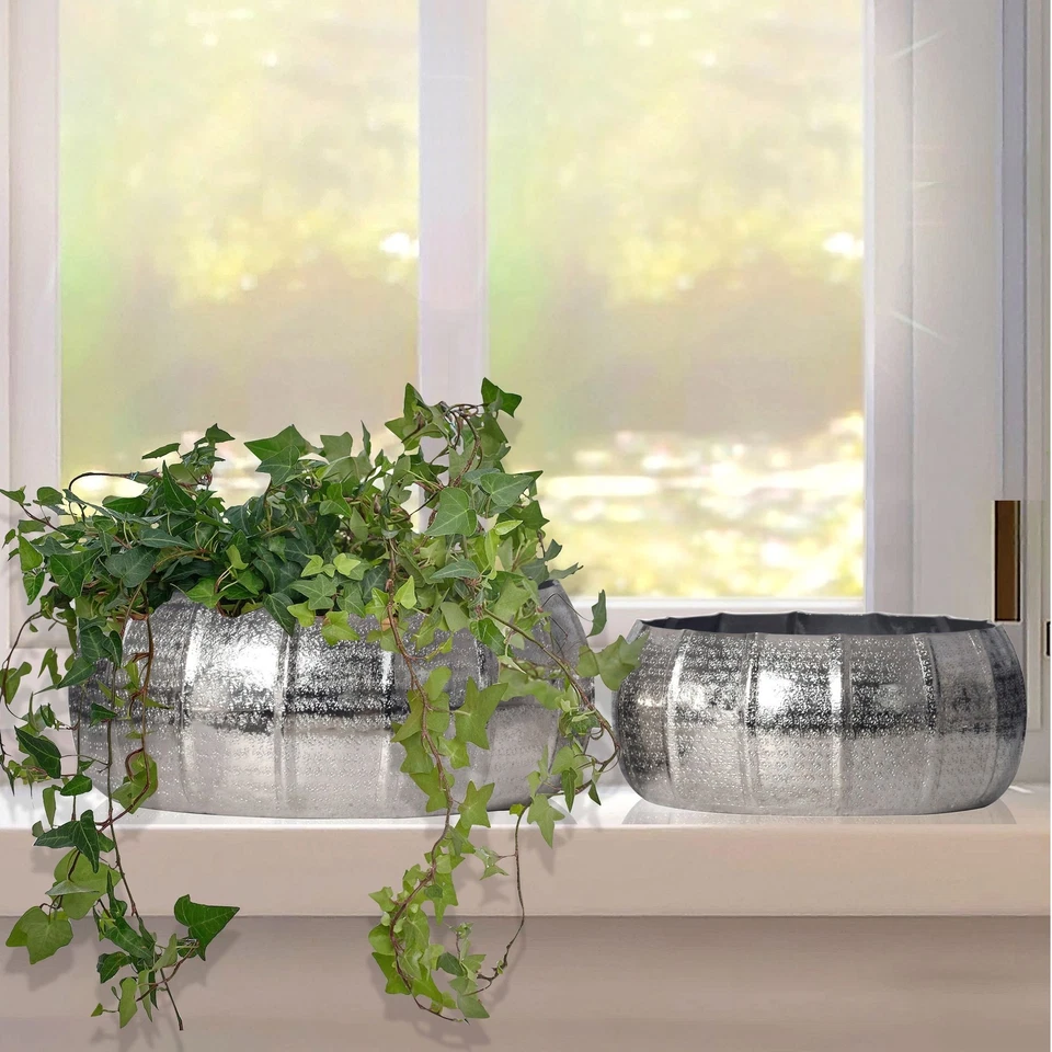 Pflanzgefäß 2er Set FineBuy Metall Schale Silber Blumentopf Rund Hammerschlag  - Bild 1 von 4