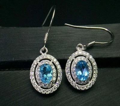 2.8ct Natural Drop Earrings Topaz & Diamond Halo Fish Hook 14k Solid White Gold - Image 1 of 4