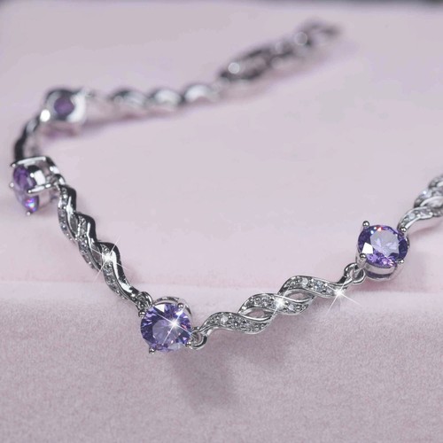 VALENTINO Bracciali Tennis 10 Ct Taglio Tondo Simulato Ametista Fantasia Placcato Oro Bianco 14k