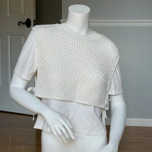 Zara Women’s Layered Knit Vest T-Shirt Top S White Short Sleeve Cotton Blend - Picture 1 of 11