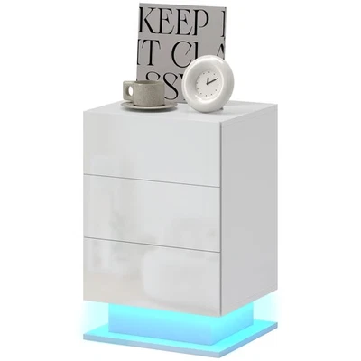 HOMCOM Comodino con 3 Cassetti e LED Regolabile con Telecomando Bianco Lucido - Immagine 1 di 4