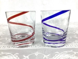 (2) Pier 1 Swirl Swirline Old Fashioned Glasses Red & Blue 4.25” VGUC Preowned - Picture 1 of 8