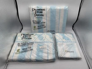 VINTAGE WEST POINT PEPPERELL FULL SHEET SET BLUE/WHITE STRIPE FLAT FITTED PILL - Picture 1 of 17