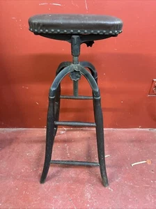 Antique Adjustable Cast Iron & Bent Wood  Industrial Drafting Leaning Stool - Picture 1 of 13