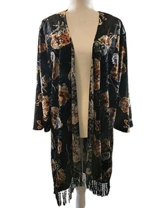 SJS Kimono Style Womens Plus 3X Black Burnout Velvet Floral Fringe Boho Shawl - Picture 1 of 14