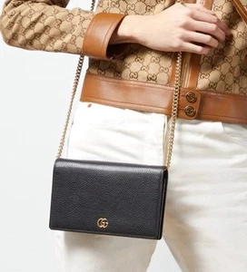Gucci Auth Black Leather Gold GG Marmont Wallet on Chain Bag Crossbody Clutch - Picture 1 of 21