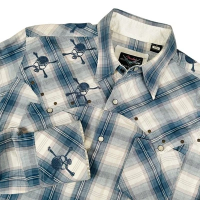 Fender Skull Plaid Western Shirt Embroidered Roses Rockabilly Size XL Blue White - Image 1 of 4