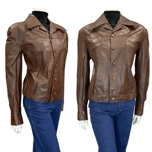 VINTAGE 60ER 70ER JAHRE MAHAGONIBRAUN LEDER DOLCHKRAGEN ELASTISCHER BUND JACKE 16 L - Bild 1 von 8