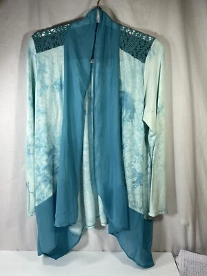 LOGO Lori Goldstein túnica mediana azul frente abierto gasa encaje detalles bolsillos Foto 1 de 4