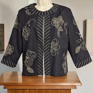 Susan Bristol Women's Medium Silk Blazer Jacket Black Tan Floral Embroidered - Picture 1 of 11