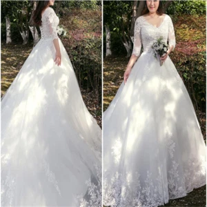 Plus size Wedding dress with 3/4 Sleeves White Ivory Lace V Neck Bridal Gowns - Picture 1 of 12