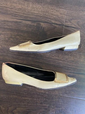 Women’s PRADA Ivory Patent Leather Flats With Metal Logo Square Buckle Size 39 - Image 1 of 4