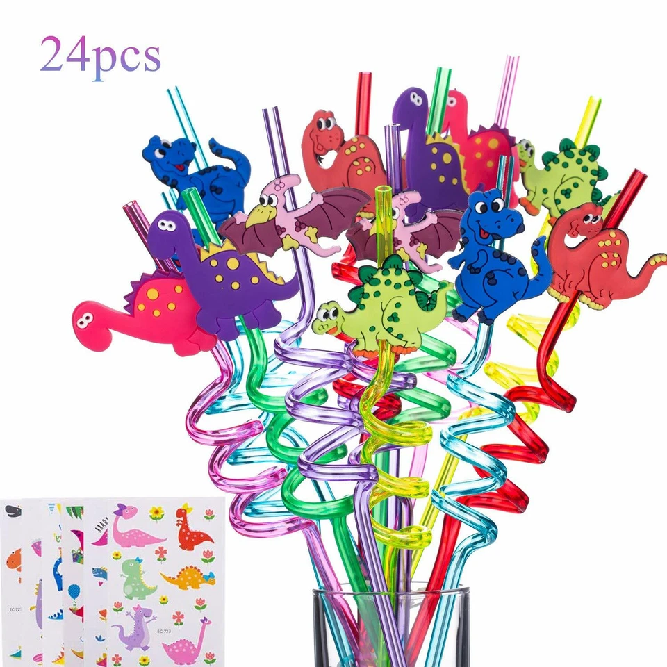 Reusable Dinosaur Straws--Dinosaur Birthday Party Supplies 24 Straws + 6 Tattoos - Image 1 of 4