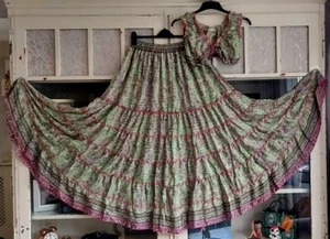 GORGEOUS green multi print TIERED MAXI SKIRT+CROP TOP*FESTIVAL UK 8/10-12/14 - Picture 1 of 9