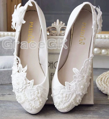 Lace Gem white ivory crystal Wedding shoes Bridal flats low high heel pump size  - Image 1 of 4