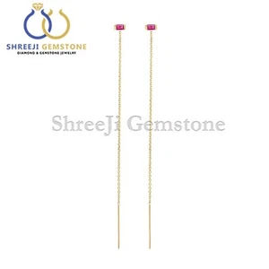 0.21 Natural Ruby Baguette Threaders Chain Earrings 14k Solid Gold Fine Jewelry - Picture 1 of 5